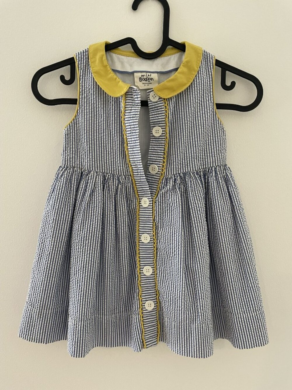 mini Boden girl's dress 2-3 year, seersucker blue/yellow with buttons/collar